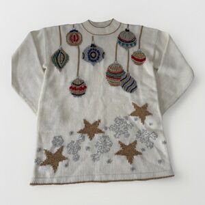 Vintage Dana‎ Scott Womens Christmas Sweater Size Medium Cream Embroidered